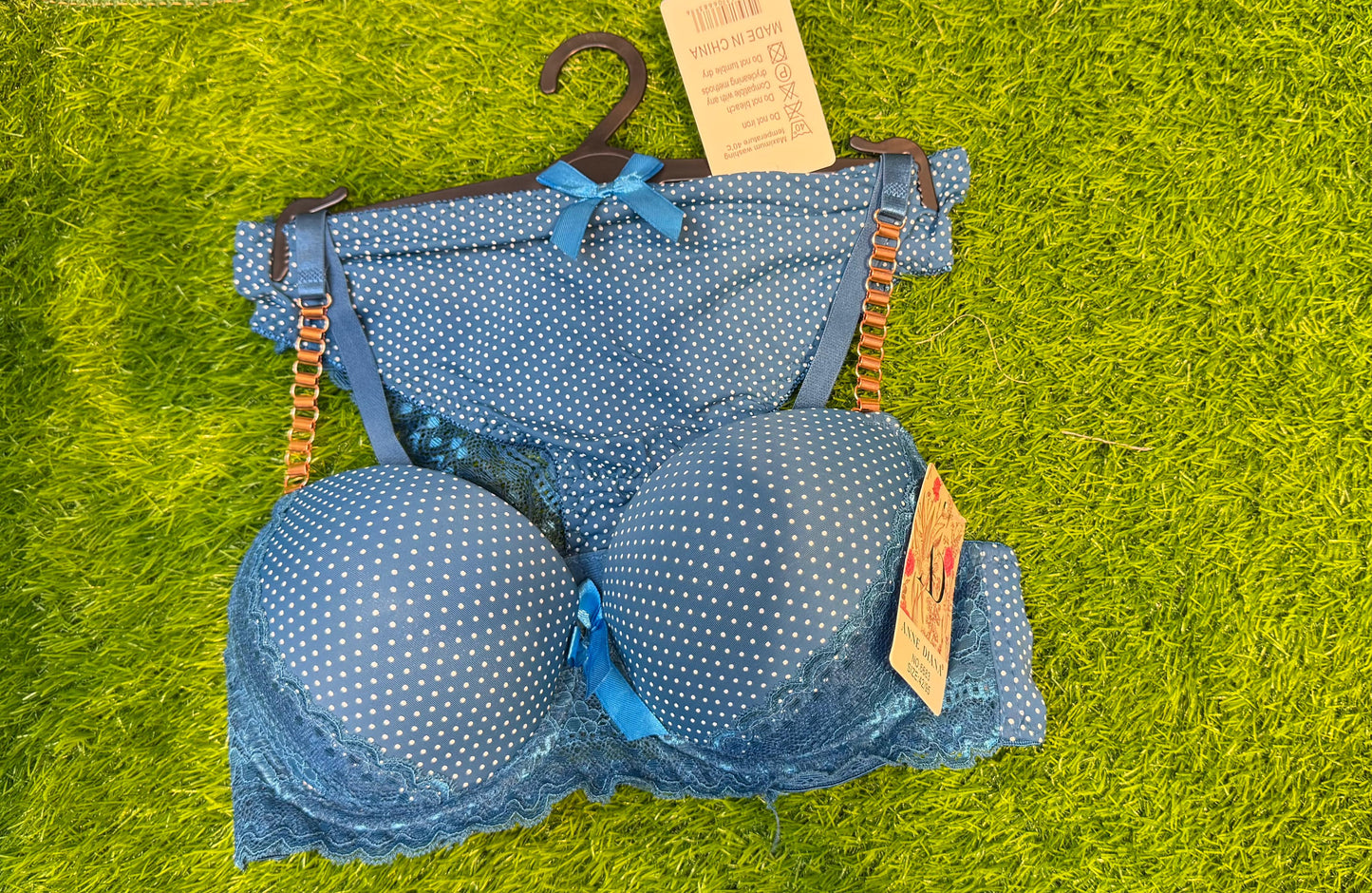 Polka Dot Push-Up Bra & Panty Set – Lace Trim & Gold Strap
