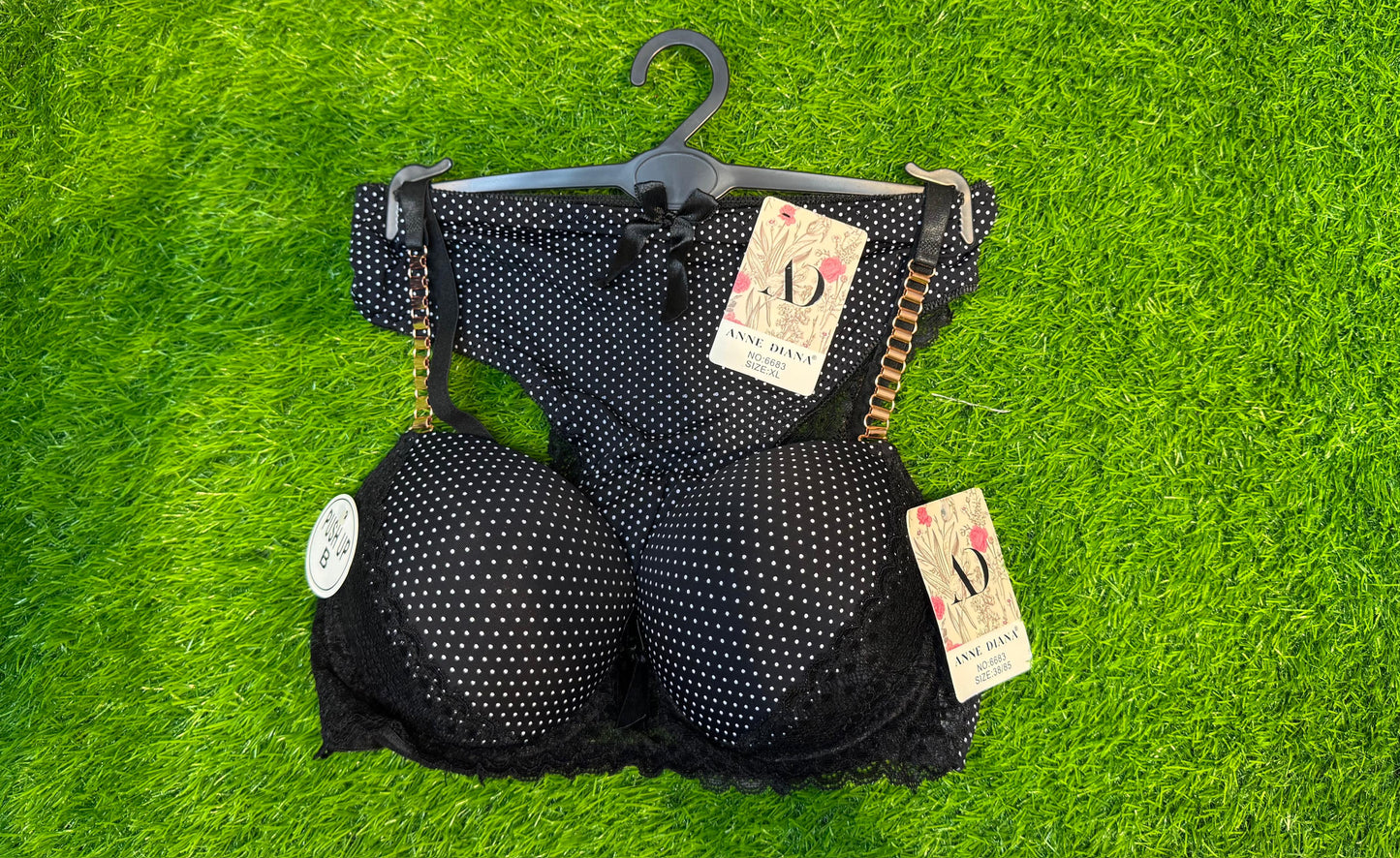 Polka Dot Push-Up Bra & Panty Set – Lace Trim & Gold Strap