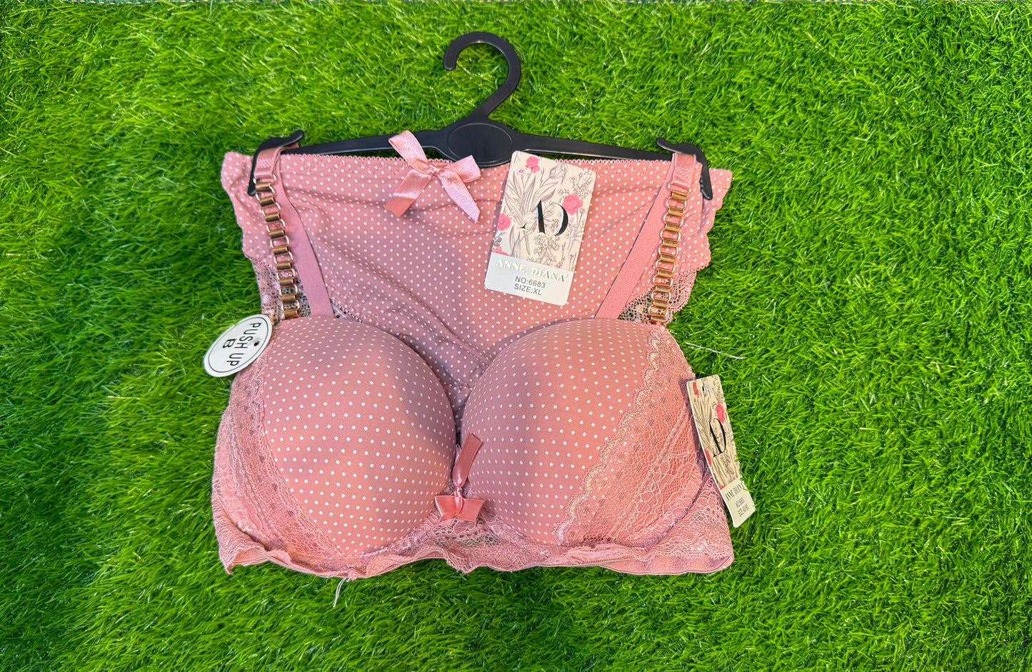 Polka Dot Push-Up Bra & Panty Set – Lace Trim & Gold Strap