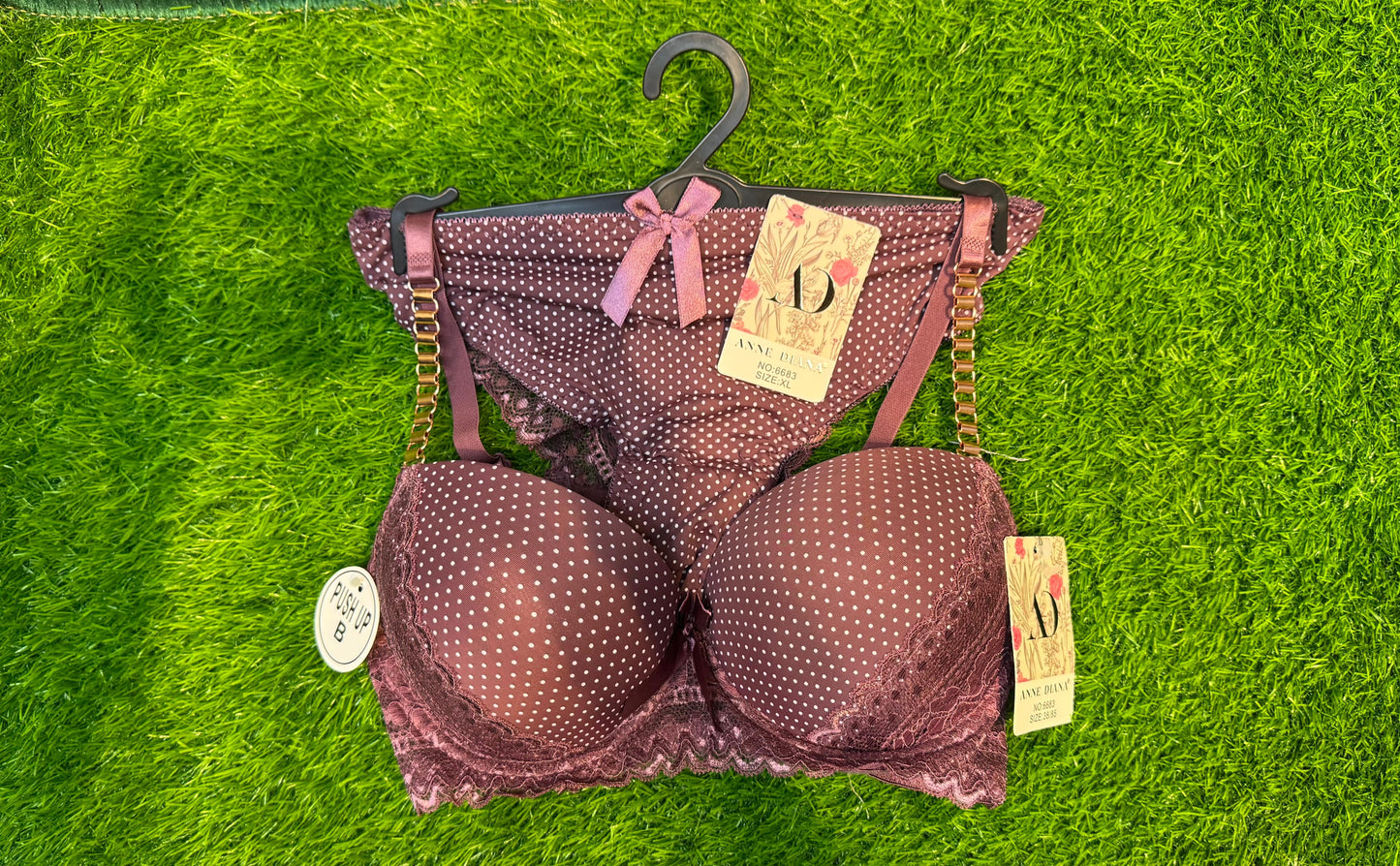 Polka Dot Push-Up Bra & Panty Set – Lace Trim & Gold Strap